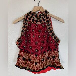 Papell Boutique Evening 100% Silk Beaded Sequin Halter Blouse Black Red size L